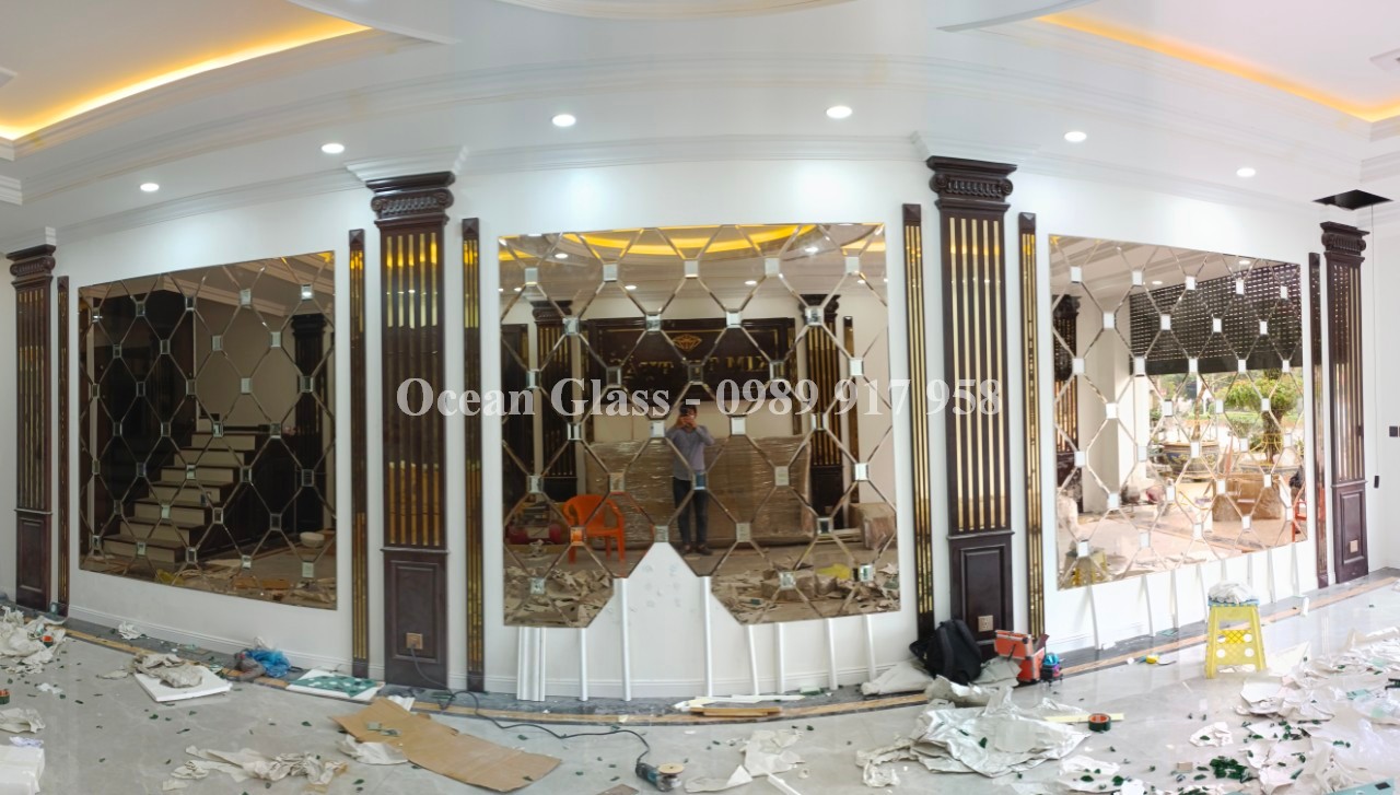 Gương ghép, gương dán tường, gương Bỉ màu trà, gương mẫu tổ ong Bỉ trà mắt trắng